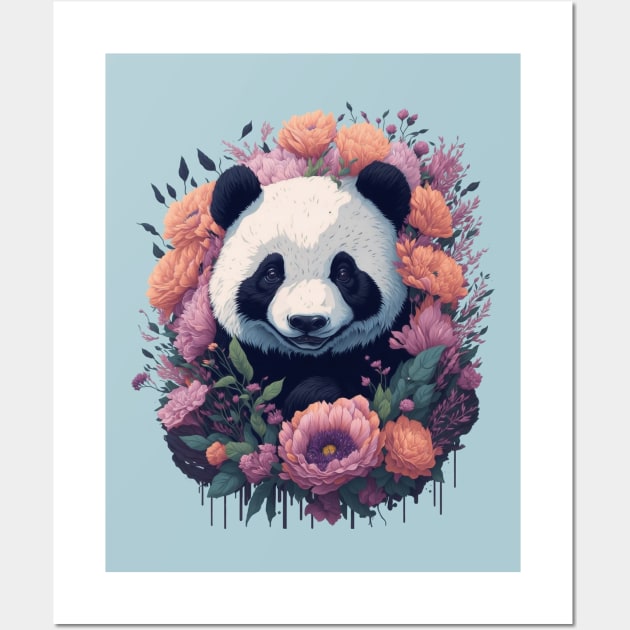 Cute smiling Giant Panda bear with florals and foliage t-shirt design, apparel, mugs, cases, wall art, stickers, travel mug Wall Art by LyndaMacDesigns